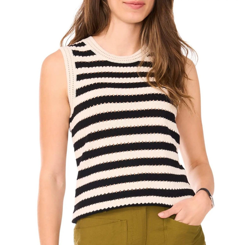 Halogen Pointelle Sleeveless Sweater Black White Striped Knit Vest Women's XL